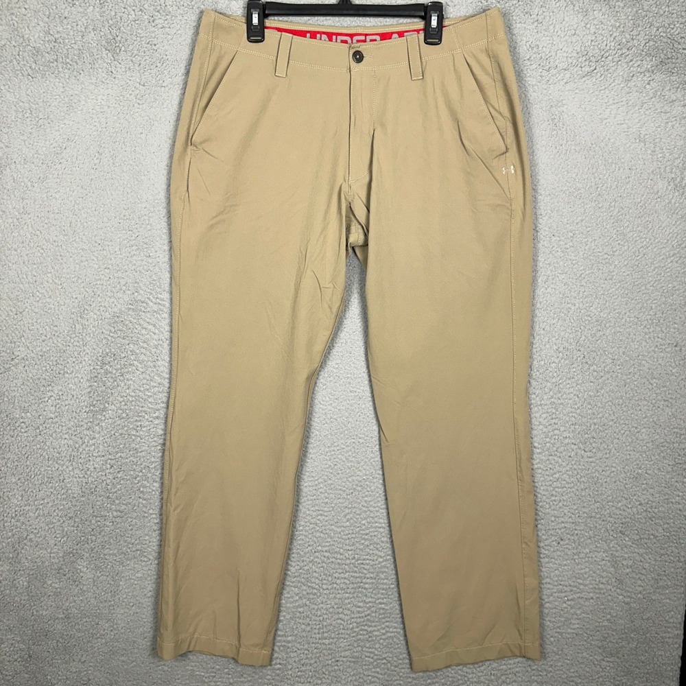 Under Armour Pants Mens 38 Golf Chino Tan Performance Athletic Flat Front Logo